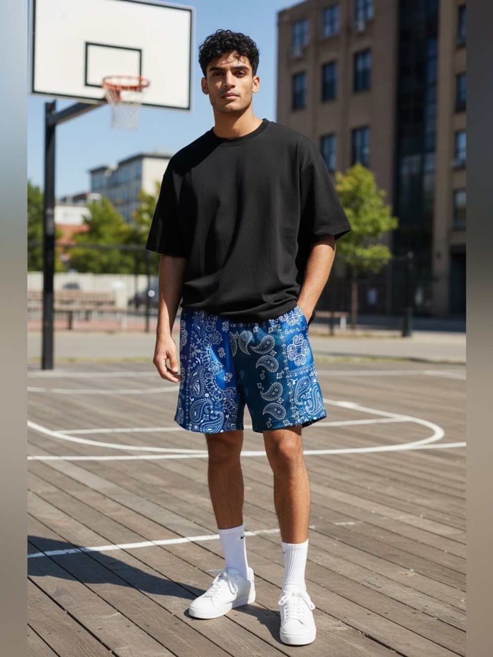 Asylum - Men's Blue Paisley bandana Athletic Shorts with Elastic Waist